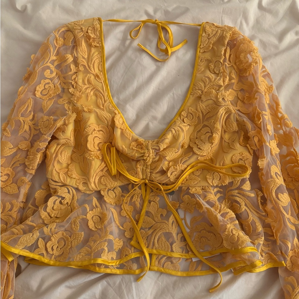 Lovers + Friends Gold Long Sleeve Tie Front Blouse